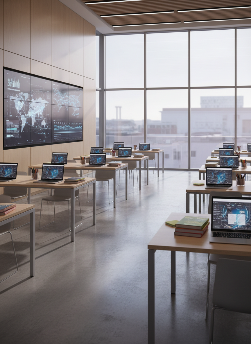 A spacious, modern learning commons filled only with objects: rows of sleek light-wood tables with open laptops, colorful textbooks neatly stacked, and clear acrylic organizers holding pens and sticky notes. Large floor-to-ceiling windows reveal soft-focus city rooftops beyond. Soft morning sunlight washes across polished concrete floors, creating long, gentle shadows and subtle reflections on laptop screens. Wall-mounted digital displays show abstract graphs and maps without legible text. Photographic realism, shot at eye level with a wide-angle lens, sharp focus throughout. The mood is professional, calm, and aspirational, suggesting a collaborative middle and high school environment without showing any people.