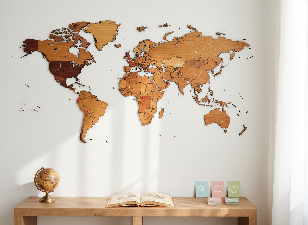 A large wooden world map installation mounted on a clean white wall, each continent carved from different warm-toned woods, with tiny colored pins marking various cities. Below, a long console table holds an open atlas, a small brass globe, and neatly stacked language-learning flashcards with only simple icons visible. Soft, indirect daylight filters through sheer curtains at the side, creating a serene glow and soft shadows that emphasize the wood grain. Photographic realism, shot straight-on with symmetrical framing for a balanced, professional feel. The atmosphere is globally minded, reflective, and aspirational, evoking international collaboration among students, families, and researchers without depicting any people.