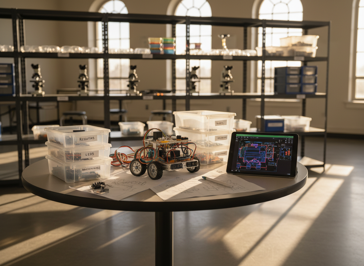 A circular table in a bright project lab, covered with in-progress STEM materials: a partially assembled small robot with visible wiring and sensors, neatly labeled plastic bins of components, graph paper with sketched designs, and a tablet displaying a colorful circuit diagram. Behind the table, open shelving holds microscopes, safety goggles, and bins labeled for physics, biology, and coding. Warm afternoon light streams through high windows, casting clear, defined shadows and subtle highlights on metal and plastic surfaces. Photographic realism, captured from a slightly overhead three-quarter angle with shallow depth of field, focusing on the robot while the shelves blur softly. The mood is inventive and hands-on, suggesting active, mentor-guided experimentation without any human presence.