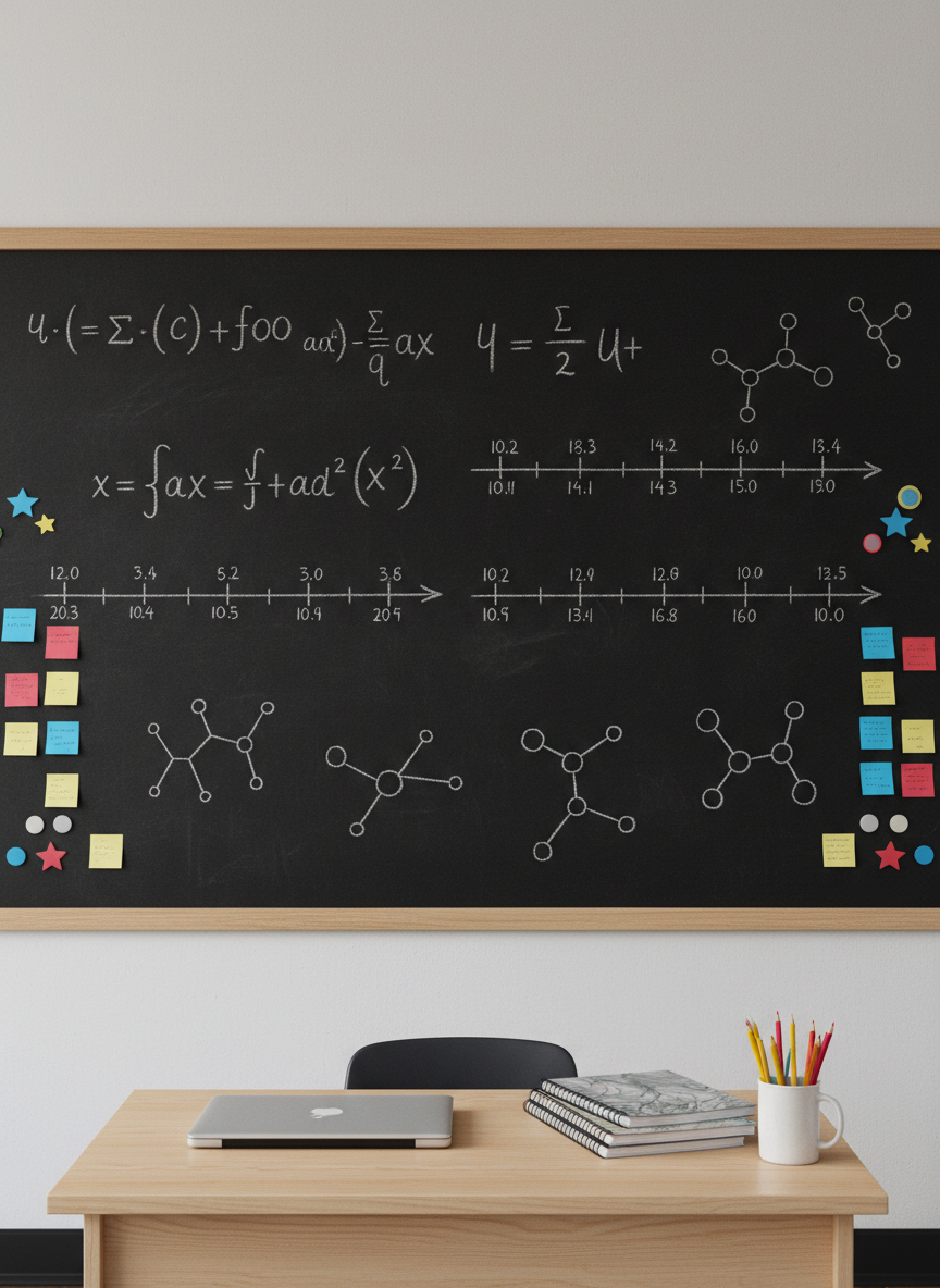 An expansive black chalkboard wall filled with carefully written mathematical equations, molecular diagrams, and historical timelines, all in precise white chalk, no single line readable as real homework. Color-coded sticky notes and small magnetic icons in primary colors are arranged thoughtfully along the margins. A light maple teacher’s desk sits in the foreground with a closed school-issued laptop, a stack of notebooks, and a ceramic cup of sharpened pencils. Diffused overcast light from unseen windows creates soft, even illumination and gentle shadows. Photographic realism, shot from a slightly elevated front angle, with the composition using rule of thirds to balance the desk and board. The atmosphere feels focused, scholarly, and organized, suited to both middle and high school learning.